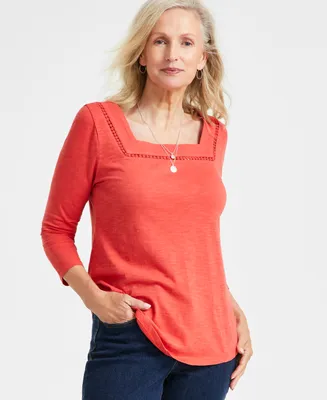 Style & Co Women's Cotton Square-Neck Knit Top, Created for Macy's