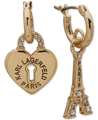 Karl Lagerfeld Paris Gold-Tone Pave Heart Padlock & Eiffel Towel Mismatch Charm Hoop Earrings