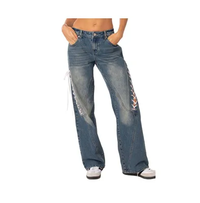 Edikted Women's Dirty Wash Low Rise Baggy Jeans