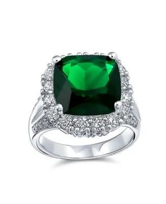 Bling Jewelry Large Fashion Solitaire Aaa Cubic Zirconia Pave Cz Cushion Cut Simulated Emerald Green 7CTW Cocktail Statement Ring For Women