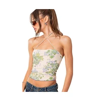 Women's Garden Party Printed Mesh Top - Green-and