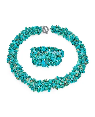Bling Jewelry Large Wide Color Gemstone Chips Cluster Multi Strand Statement Bib Collar Necklace Stretch Bracelet Bangle Cuff Set For Women