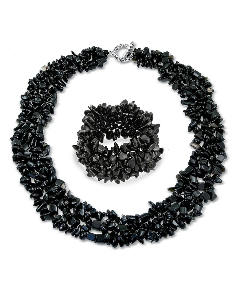 Bling Jewelry Large Natural Stones Cluster Multi Strand Collar Necklace & Stretch Bracelet Set