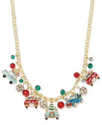 Holiday Lane Gold-Tone Mixed Stone Holiday Car Charm Statement Necklace, 18" + 3" extender, Created for Macy's