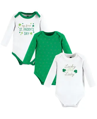 Hudson Baby Girls Cotton Long-Sleeve Bodysuits, Lucky Lady, 3-Pack