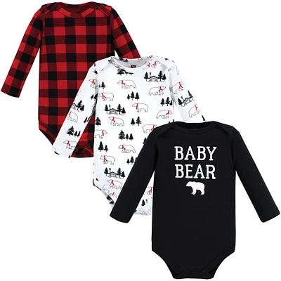 Hudson Baby Boys Cotton Long-Sleeve Bodysuits, Buffalo Plaid Bear 3-Pack, 9-12 Months