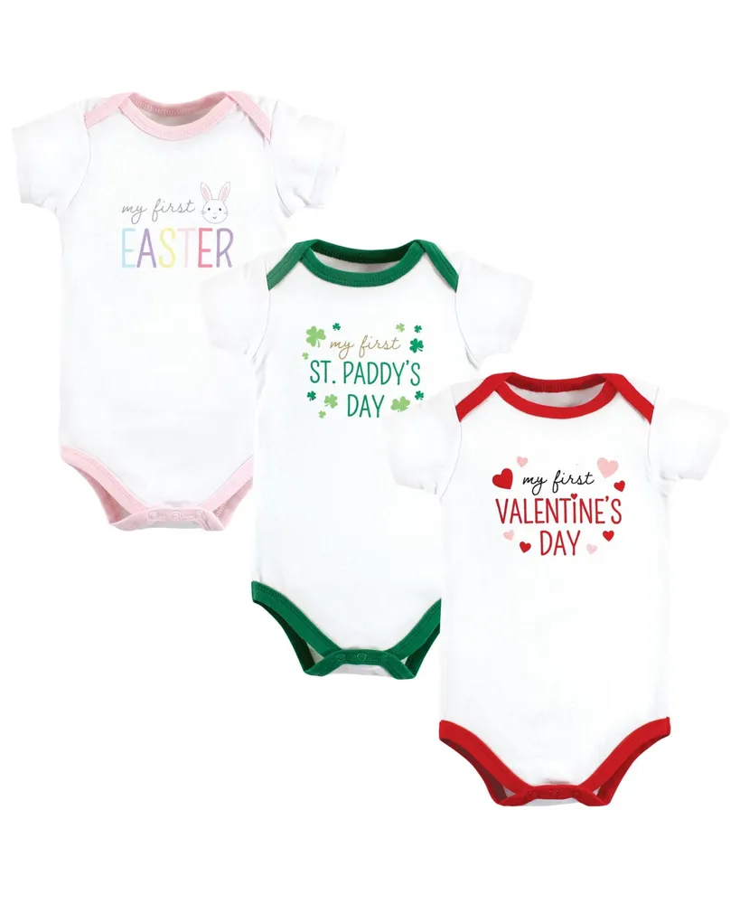 Hudson Baby Unisex Cotton Bodysuits, Girl First Valentine Easter, 3-Pack