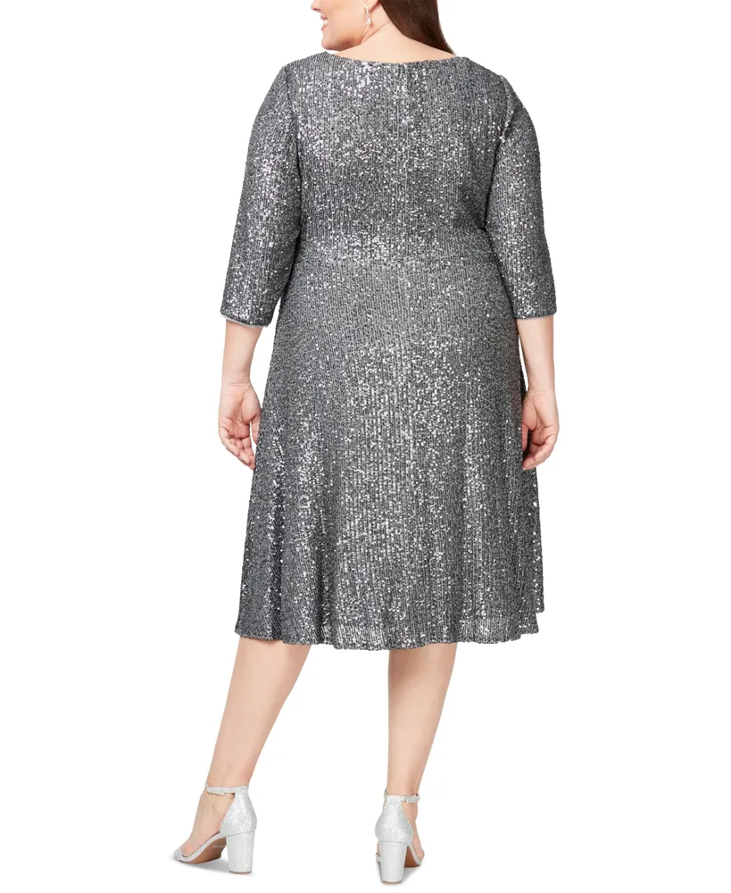 Alex Evenings Plus Size Sequined 3/4-Sleeve Midi Dress