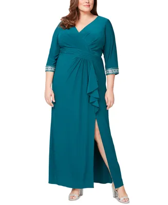 Alex Evenings Plus Size Embroidered-Cuff Draped-Front Gown