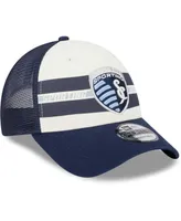 Men's New Era White, Navy Sporting Kansas City Team Stripes 9FORTY Trucker Snapback Hat