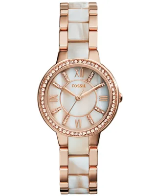 Fossil Women's Virginia Shimmer Horn and Rose Gold-Tone Stainless Steel Bracelet Watch 30mm ES3716