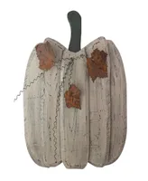 18.5" Large Beige Wooden Fall Harvest Pumpkin with Leaves and Stem