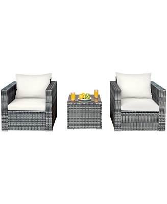 Costway 3 Pc Patio Rattan Furniture Bistro Set Cushioned Sofa Chair Table