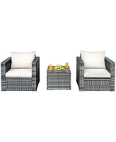 Costway 3 Pc Patio Rattan Furniture Bistro Set Cushioned Sofa Chair Table