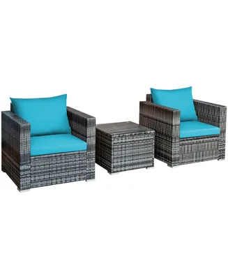 Costway 3 Pc Patio Rattan Furniture Bistro Set Cushioned Sofa Chair Table