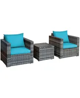 3 Pc Patio Rattan Furniture Bistro Set Cushioned Sofa Chair Table