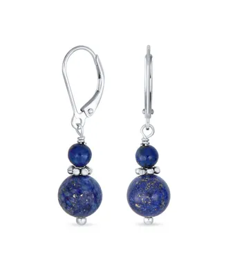 Bling Jewelry Blue Natural Lapis Lazuli Bali Milgrain Edged Beaded Rondel Separator Double Ball Round Drop Dangle Earrings Sterling Silver Lever back