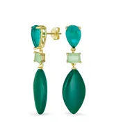 Bling Jewelry Unique Geometric Green Natural Amazonite Rhombus Teardrop Rectangle Multi Shape Cz 3 Multi-Tier Party Dangling Earrings in Gold Plated