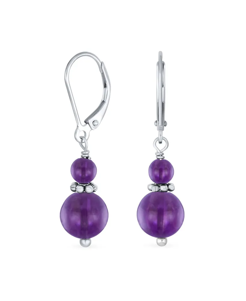 Bling Jewelry Gemstone Natural Purple Amethyst Boho Bali Milgrain Edged Beaded Rondel Separator Double Ball Round Drop Dangle Earrings Sterling Silver