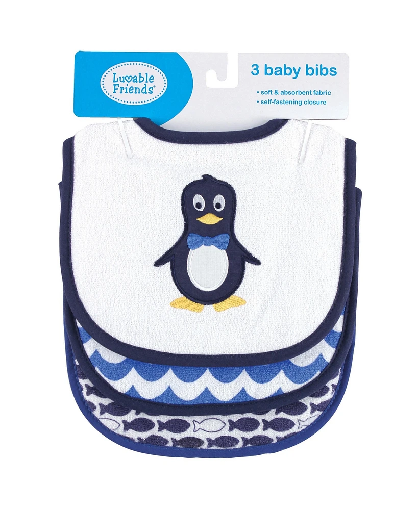 Luvable Friends Baby Boy Cotton Drooler Bibs with Fiber Filling 3pk, Mr Penguin, One Size