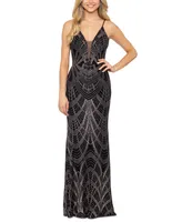 Betsy & Adam Women's Plunge-Neck Mesh-Inset Glitter-Print Gown