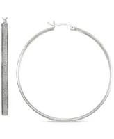 Glitter Round Medium Hoop Earrings in Sterling Silver, 2"