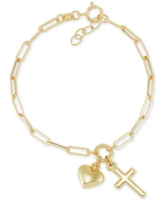 Children's Cross & Heart Paperclip Link Charm Bracelet in 14k Gold