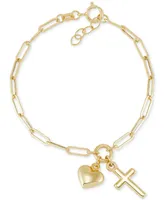 Children's Cross & Heart Paperclip Link Charm Bracelet in 14k Gold