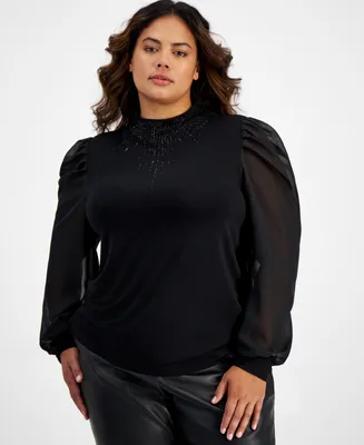 Bar Iii Plus Size Mock Neck Studded Puff-Sleeve Blouse, Created for Macy's
