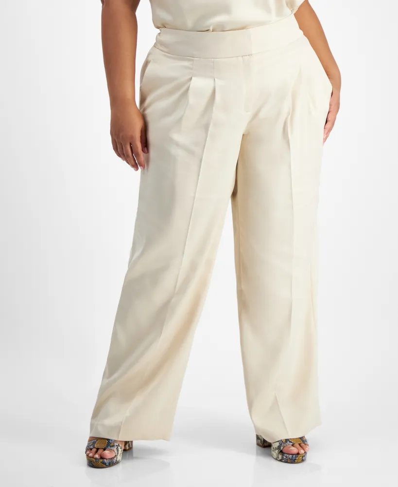 Bar Iii Plus High-Rise Wide-Leg Satin Pants, Created for Macy's