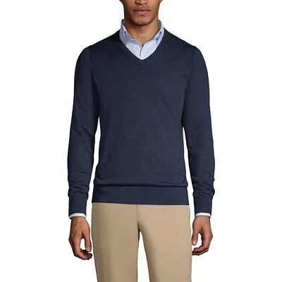 Lands' End Men's School Uniform Cotton Modal Fine Gauge V-neck Sweater