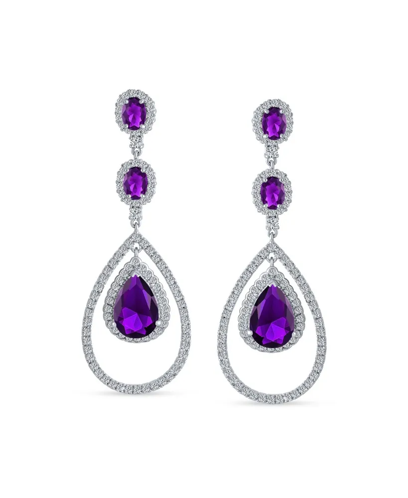 Bling Jewelry Wedding Simulated Purple Amethyst Aaa Cubic Zirconia Double Halo Large Teardrop Cz Statement Dangle Chandelier Earrings Pageant Bridal P