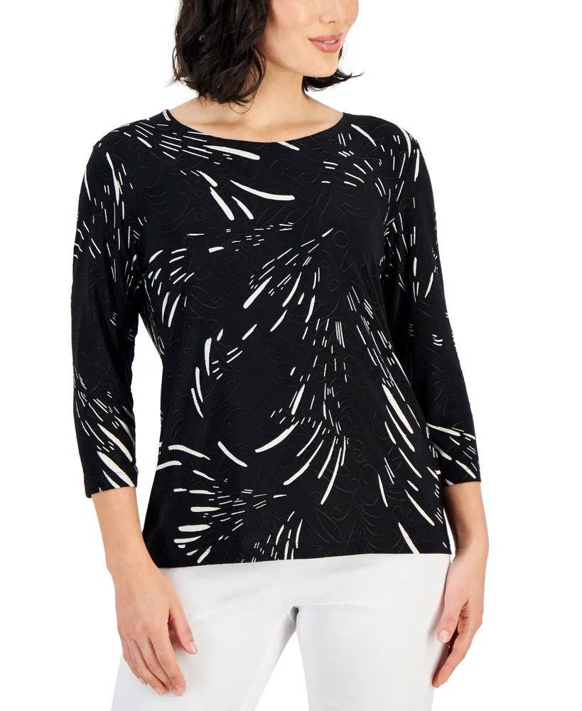 Jm Collection Women's Scoop-neck 3/4-sleeve Top, Created For Macy's In Deep  Black Floral Combo