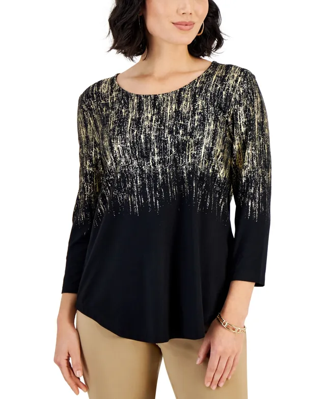 Jm Collection Petite Painted Jacquard 3/4-Sleeve Top, Created for