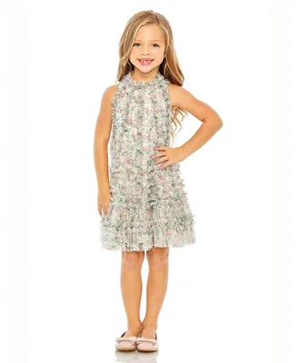 Mac Duggal Little Girls Mesh Floral Print A-Line Dress