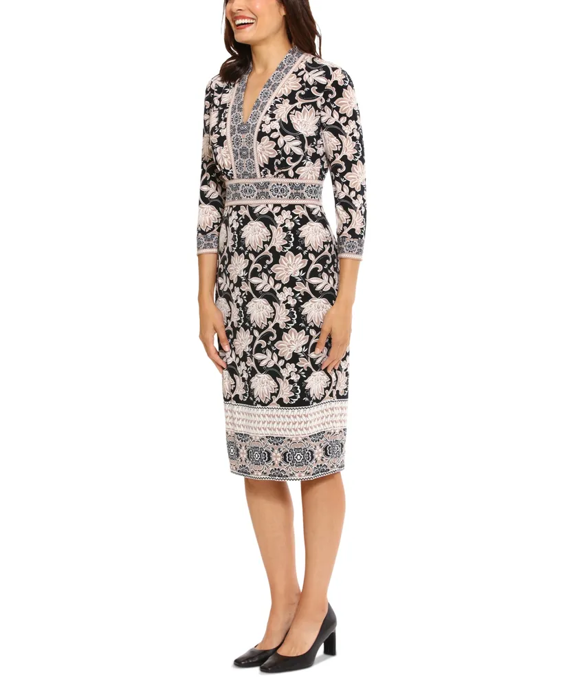 London Times Women's Printed V-Neck 3/4-Sleeve Sheath Dress