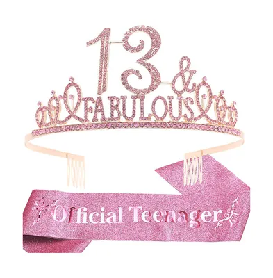 13th Birthday Sash and Crown Set for Teen Girls - Pink Tiara and Sash - Elegant Queen-Themed Party Decorations for 13 Year Old Girl