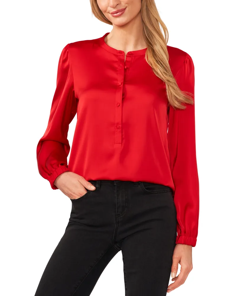 CeCe Women's Long Sleeve Crew Neck Button-Up Blouse