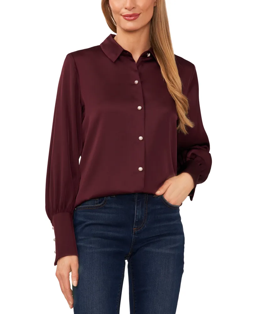 CeCe Women's Luxe Satin Imitation Pearl Button Down Blouse