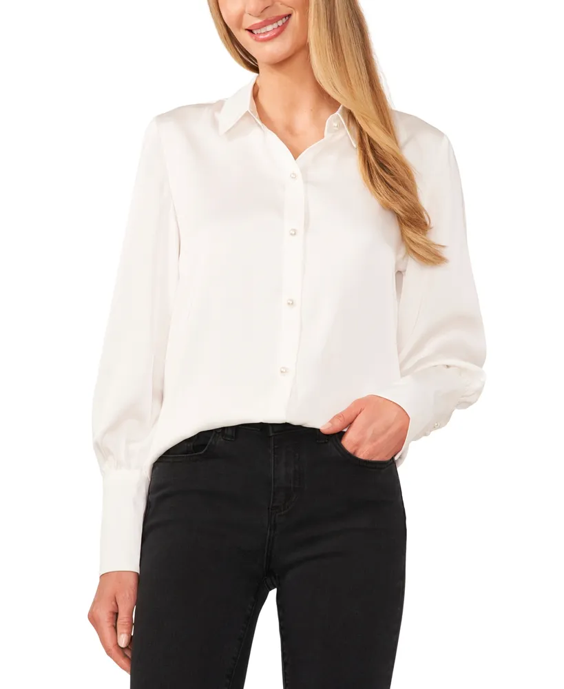 CeCe Women's Luxe Satin Imitation Pearl Button Down Blouse