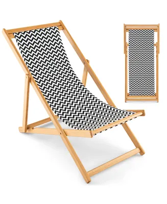Folding Bamboo Sling Lounge Chair Reclining Canvas Portable Outdoor