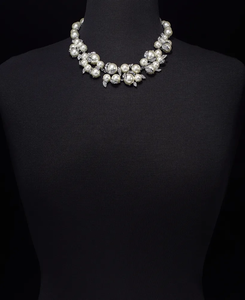 Charter Club Silver-Tone Crystal & Imitation Pearl Statement Necklace, 17" + 2" extender, Created for Macy's