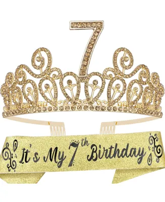 Girls 7th Birthday Glitter Sash and Rhinestone Metal Tiara Set - Perfect for Princess Party Celebration and Birthday Gifts, Age 7