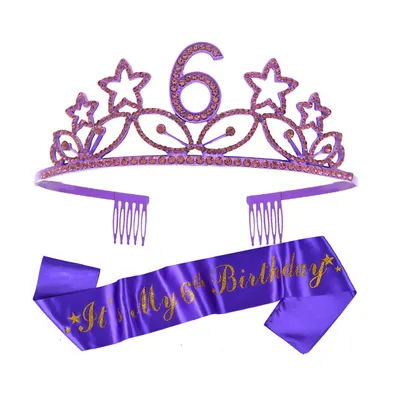 6th Birthday Glitter Sash and Metal Tiara for Girls, Perfect Princess Party Accessories and Gifts