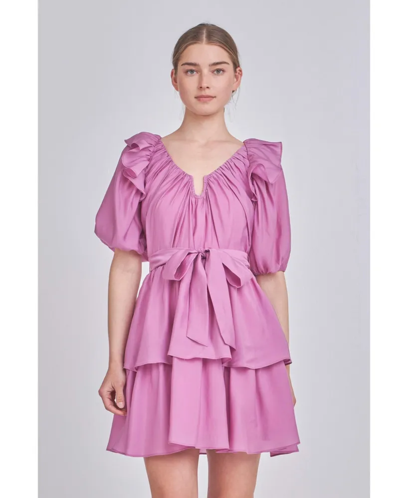 endless rose Women's Puff Sleeve Layered Mini Dress