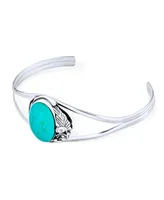 Bling Jewelry Nature Leaf Flowers Round Cabochon Statement Natural Turquoise Wide Cuff Bracelet For Women Sterling Silver