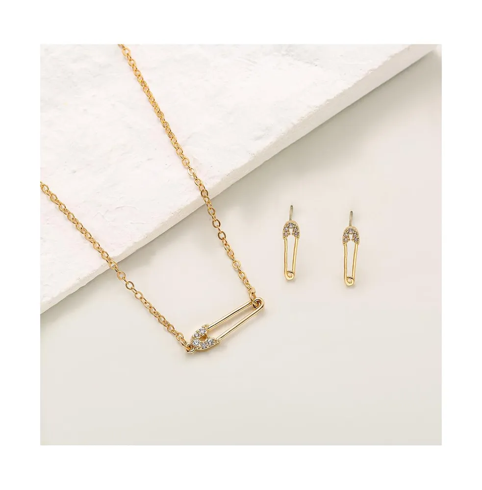 Aaliyah Pave Safety Pin Necklace And Earring Set