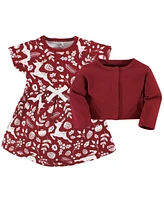 Touched by Nature Toddler Girls Organic Cotton Dress and Cardigan, Red Winter Folk