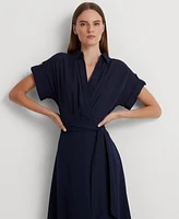 Lauren Ralph Women's Self-Belt Roll-Tab Sleeve Surplice Crepe Dress