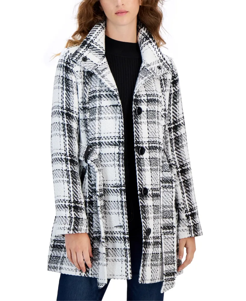 Bcx Juniors' Belted Double-Breasted Plaid Long-Sleeve Coat